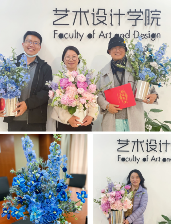 图为老师们展示自己创作的花艺作品